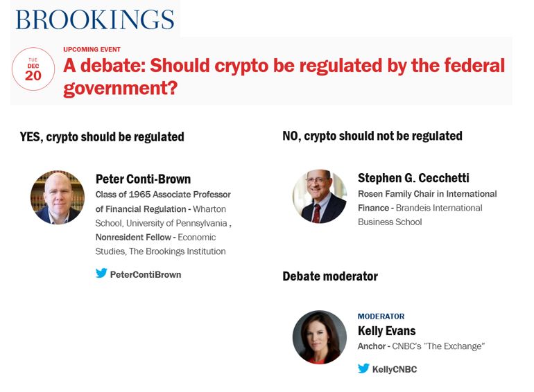 Brookings debate Dec 20 should crypto be regulated by the federal government - All Events