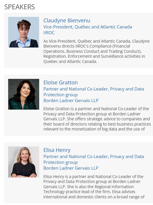 Speakers for IIROC Quebec Bill 64 event on personal information - All Events